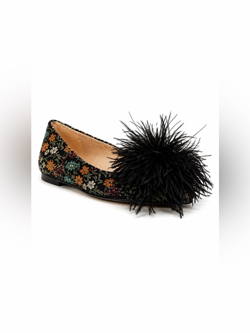 Rare Sam Edelman Feather Pom Jacquard Flats Black Floral Size 7.5